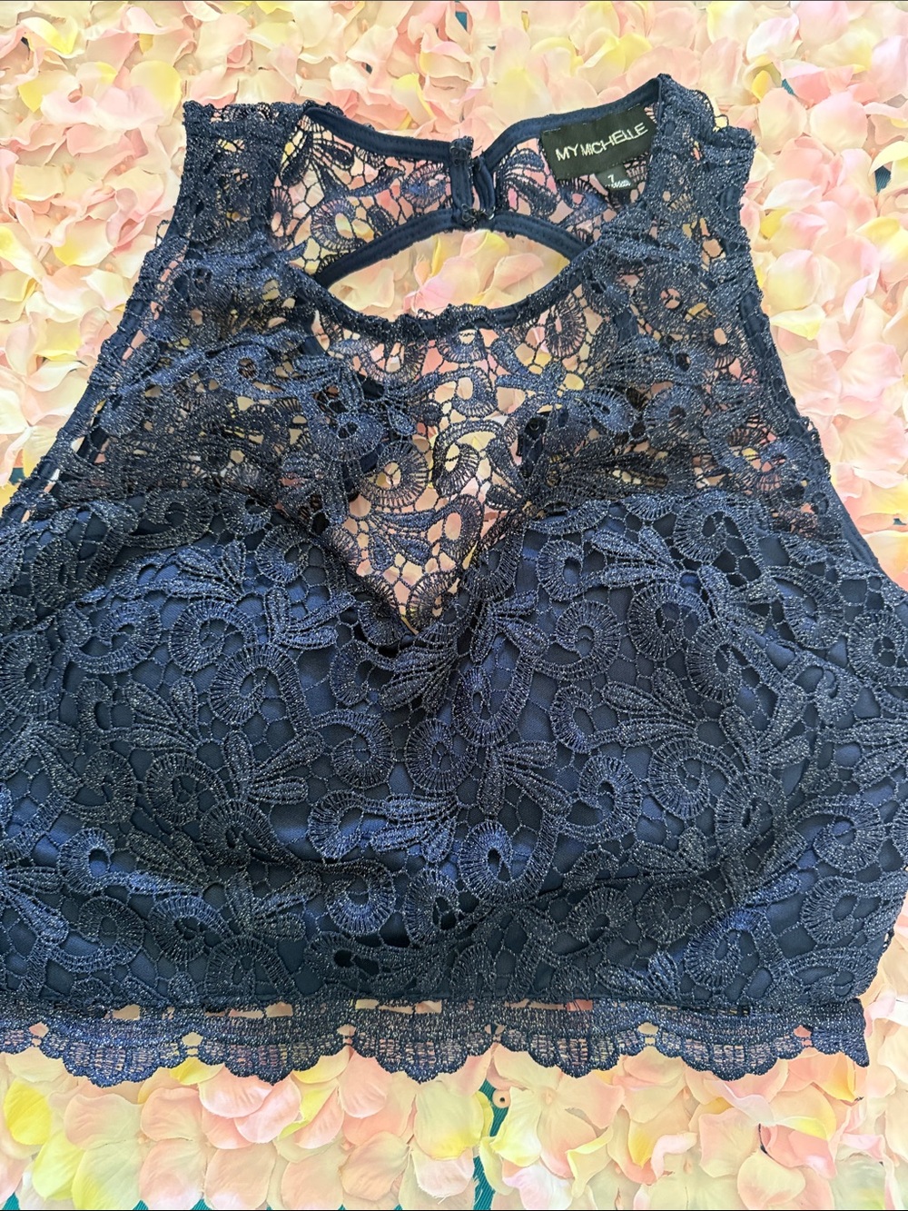 My Michelle Navy Blue Lace Cropped Tank Top